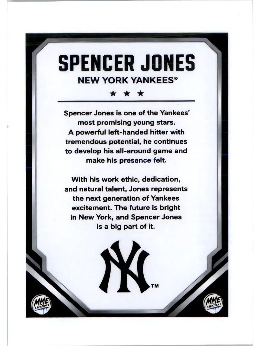 4237 Spencer Jones | Young Guns | Laminated Custom Baseball Card | Yellow Ice